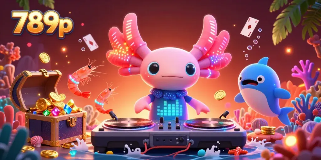 Experience the thrill of 789p as a neon axolotl DJ spins records surrounded by treasure in a vibrant underwater scene.
