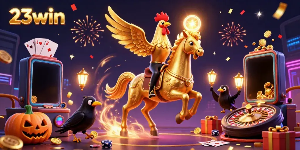 Engage with the thrilling atmosphere of 23win as a golden rooster ventures through a vibrant casino.