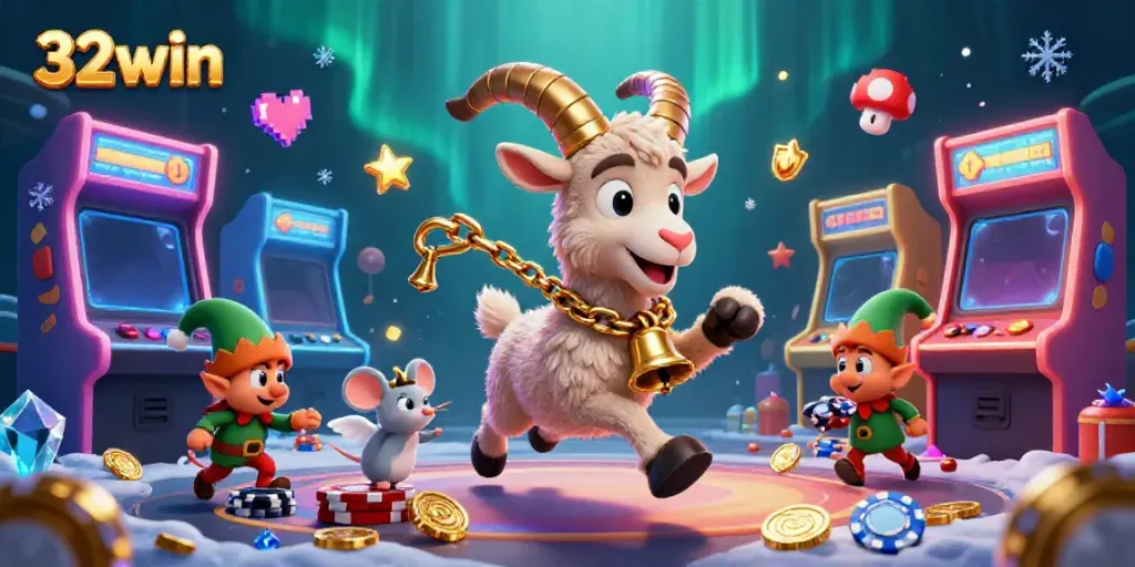 Experience the excitement of casino gaming with 32win in a festive holiday horror scene filled with animated characters.