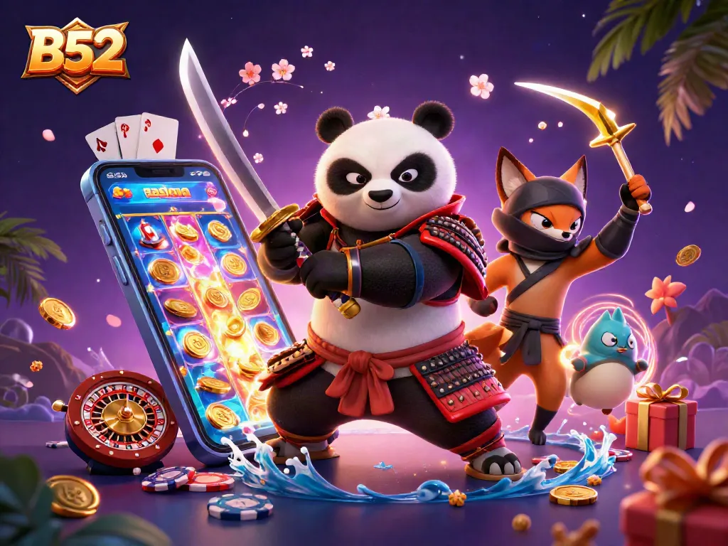 B52 slot game scene with a samurai panda, ninja fox, and spirit tanuki, showcasing dynamic casino elements.