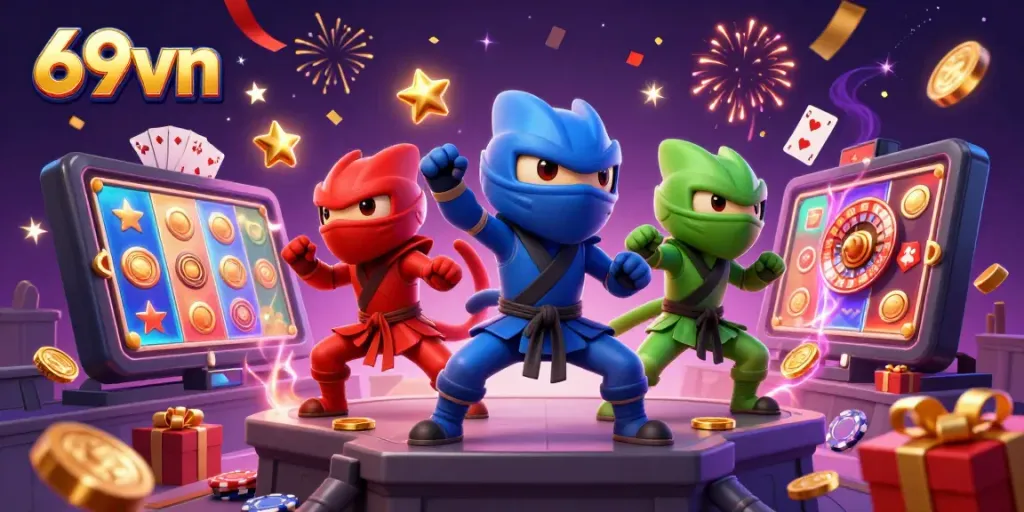 Engage with the 69vn online casino as vibrant ninja chameleons celebrate gaming victories.