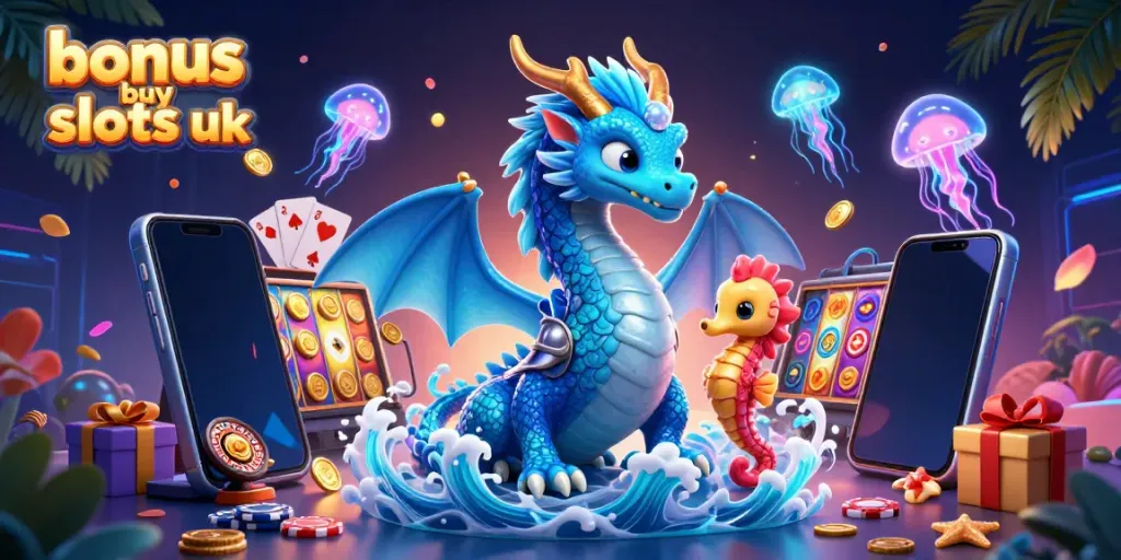 Experience the thrill of bonus buy slots UK with an azure dragon, seahorse knight, and glowing jellyfish.