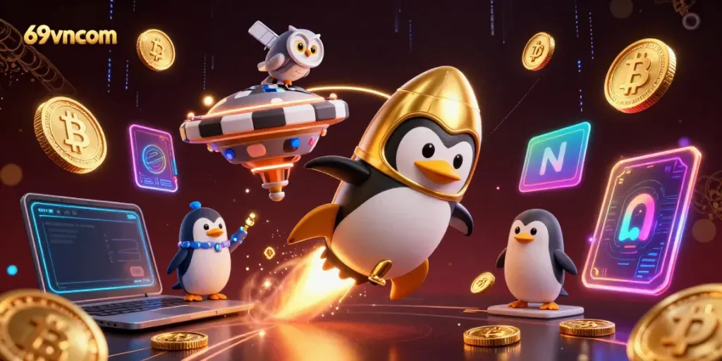 Experience excitement at 69vncom with our unique golden penguin in a flashy casino space scene!
