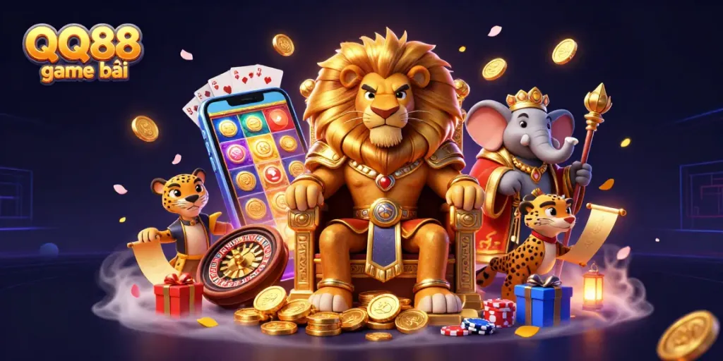 Experience the thrill of QQ88 game bài surrounded by casino royalty and vibrant gaming elements.