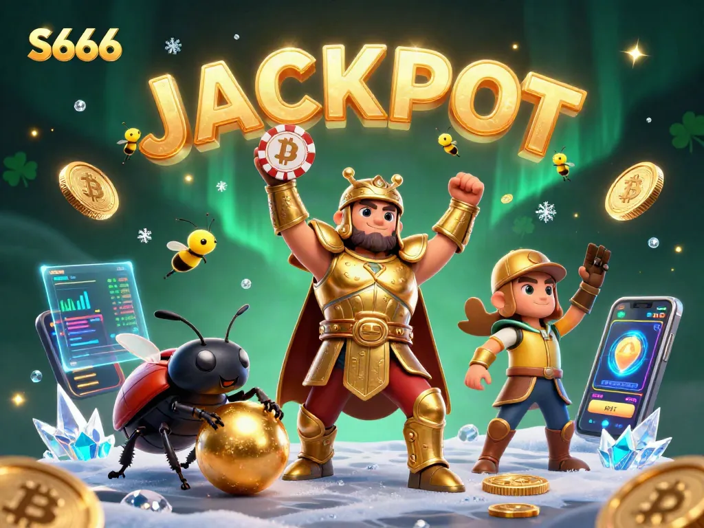 S666 casino illustration featuring a victorious beetle with poker chip and glowing elements