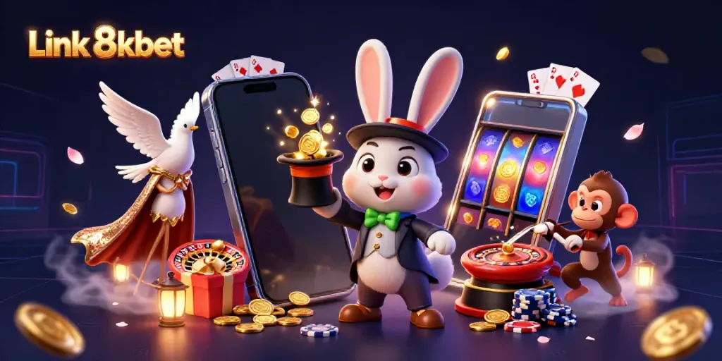 Engage with the enchanting world of Link 8kbet, where a magician rabbit pulls golden coins in a thrilling casino scene.