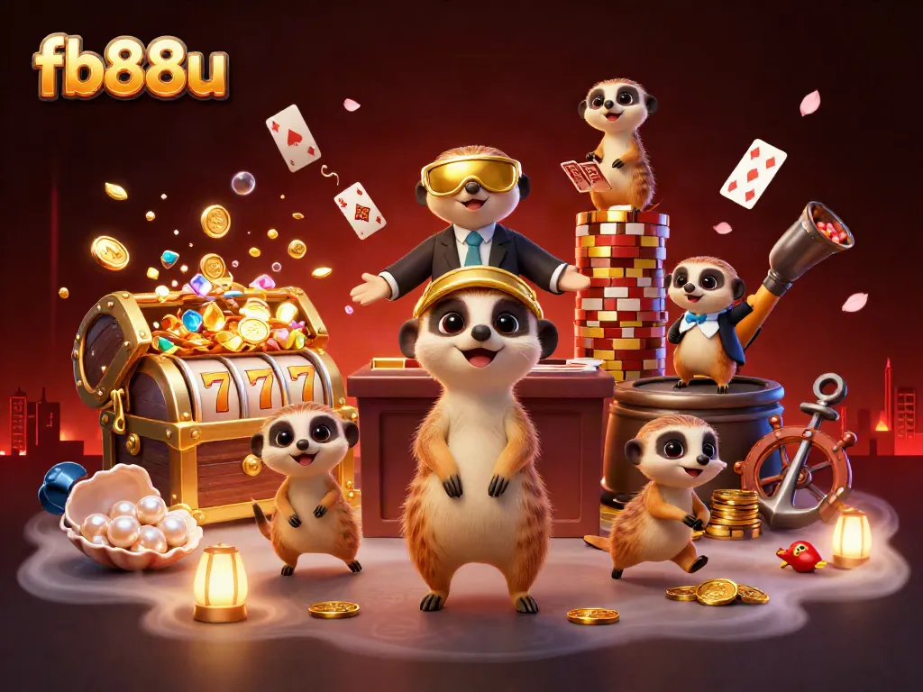 Experience the fb88u gaming excitement with playful meerkats running a vibrant casino surrounded by rich treasures.