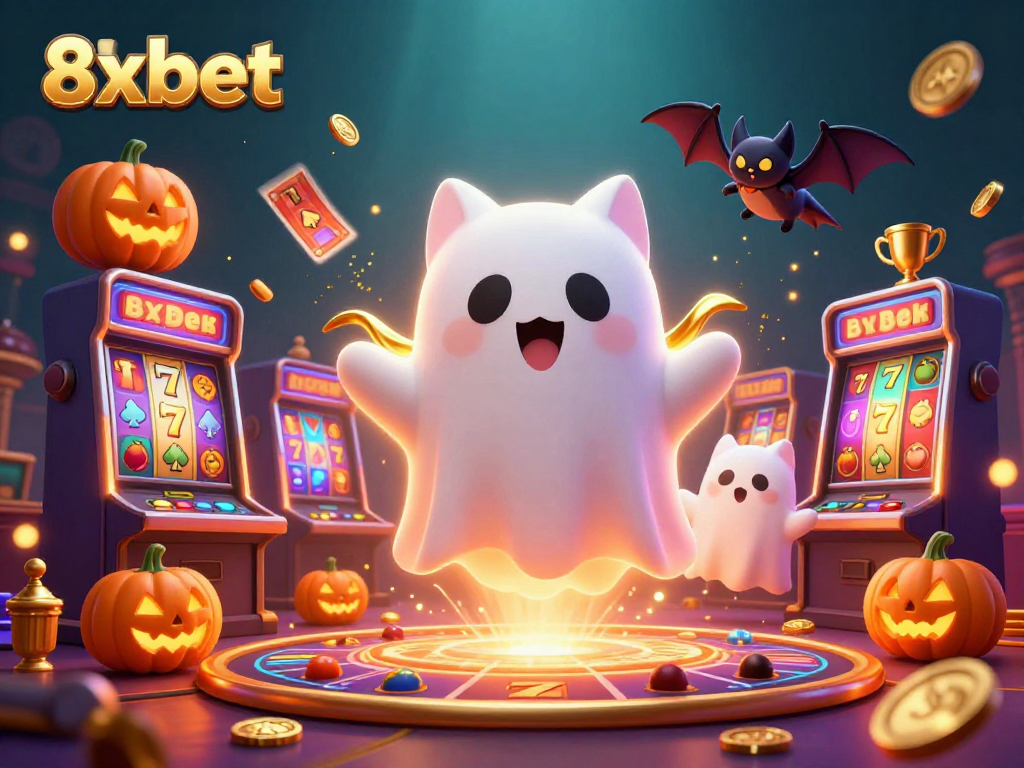 Experience the thrilling casino world of 8xbet with friendly ghost cat and vampire bat in a vibrant scene.