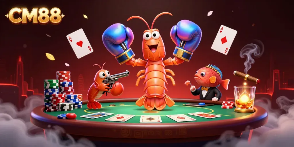 Engage in thrilling poker action at CM88 with colorful chips and vibrant characters.