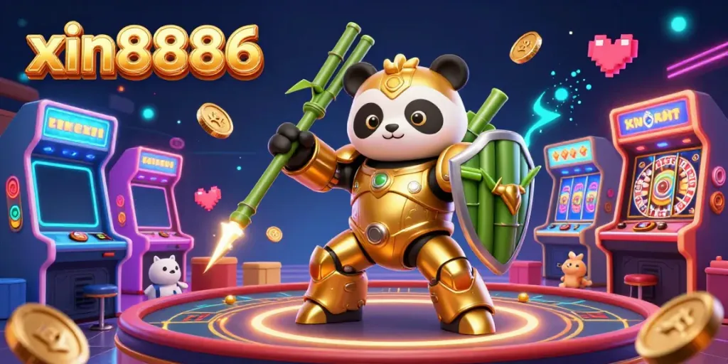 Experience the excitement of xin8886 live casino action with a mech-suit golden panda battling amidst vibrant gambling elements.