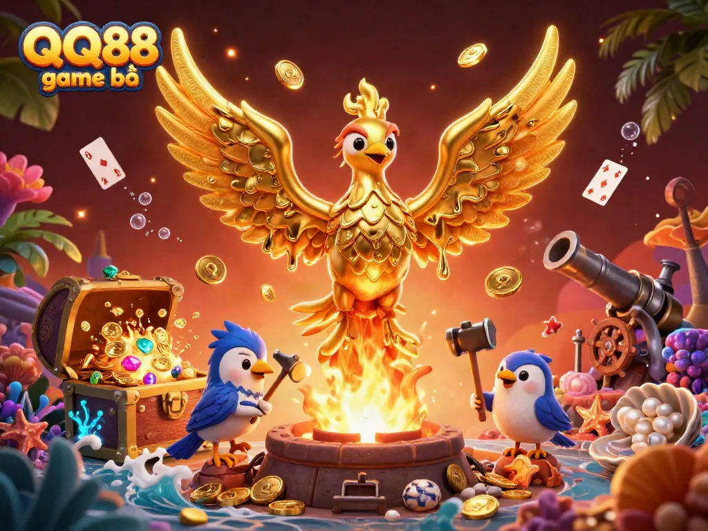 Engage with QQ88 game bài as golden phoenix and treasures illuminate the gaming experience.