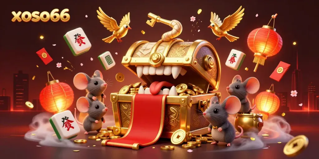Experience thrilling adventures at xoso66, where a treasure chest lures adventurer mice with golden riches in a vibrant casino scene.