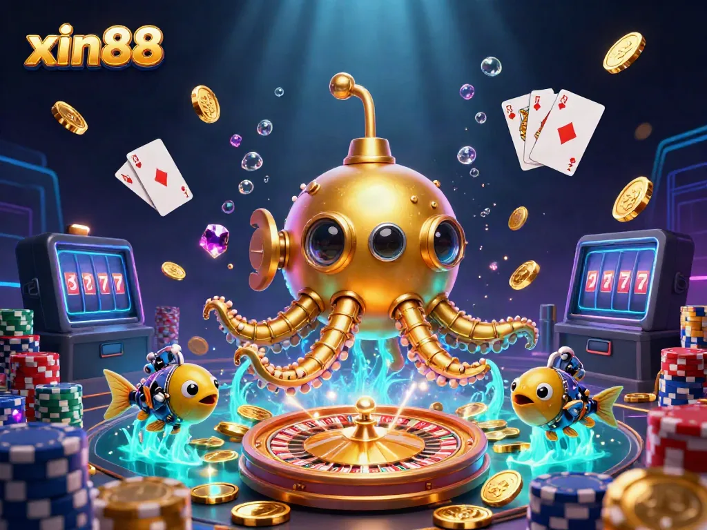 Join the thrilling action at xin88 with a golden kraken submarine amidst cascading coins and vibrant casino elements.