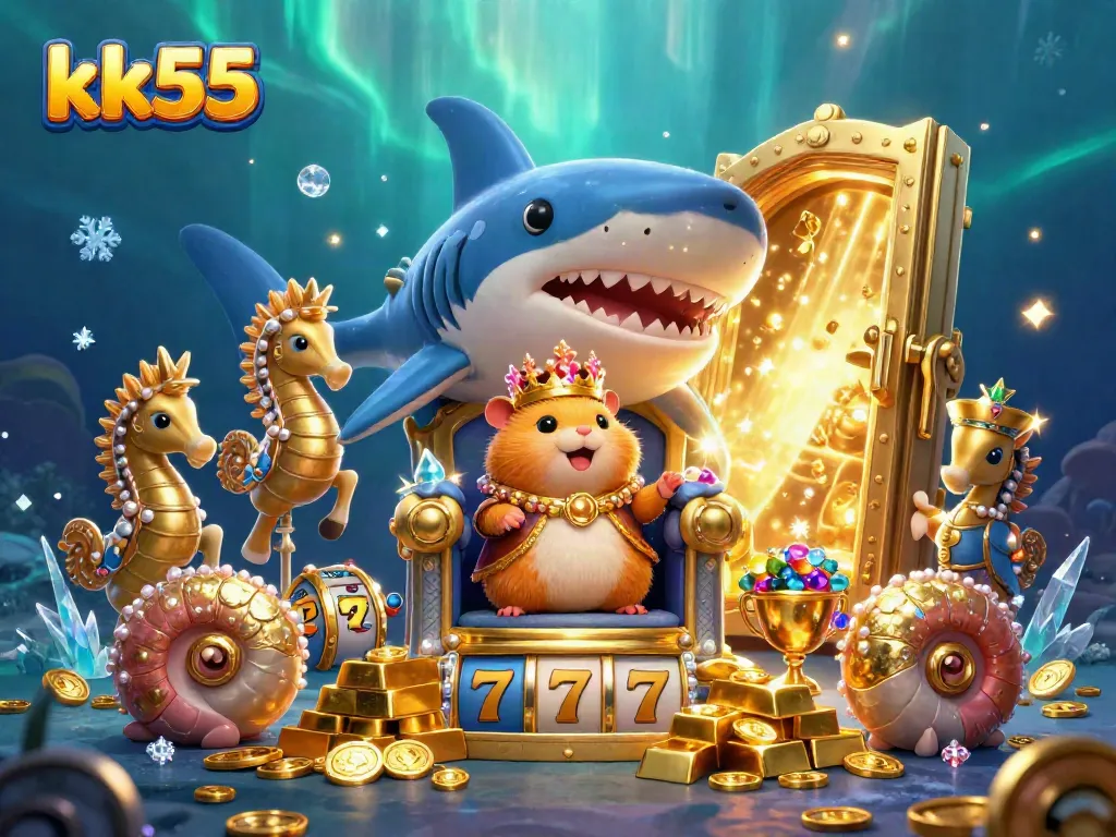 Engage with the kk55 online casino adventure featuring a dynamic scene of a hamster king on a megalodon throne.