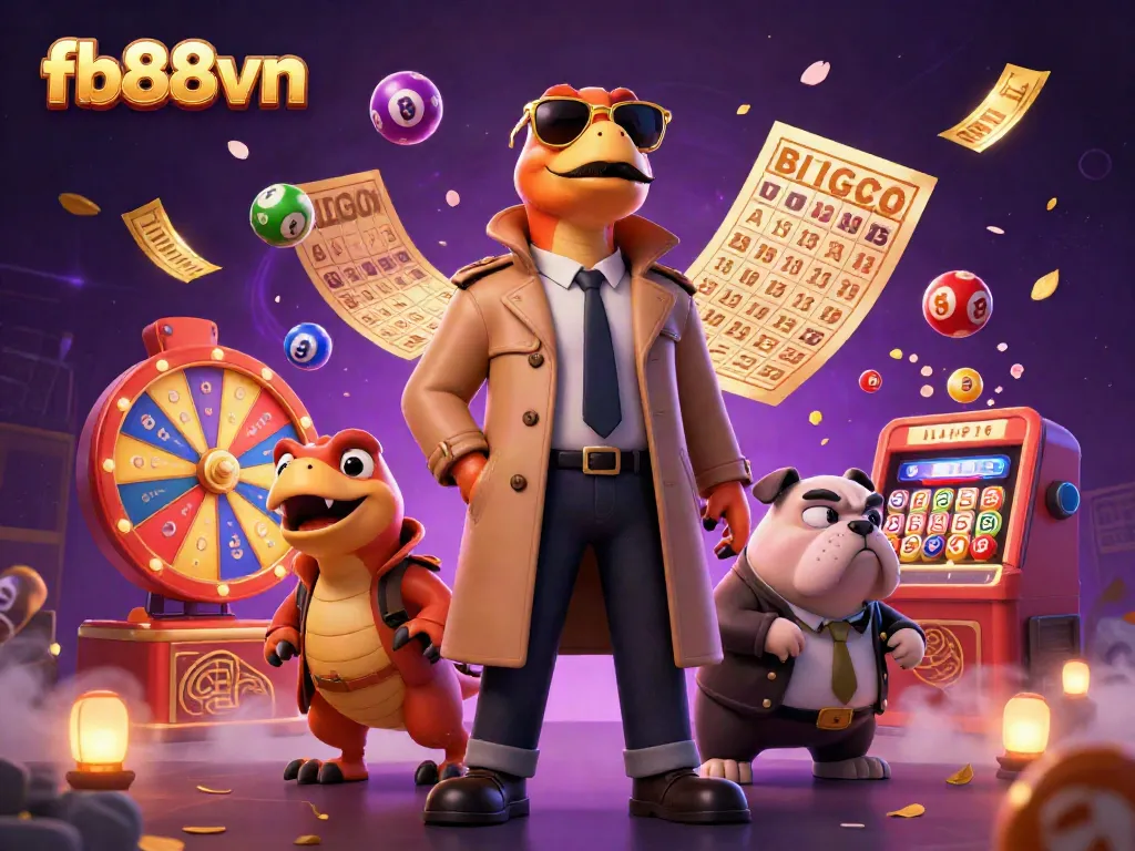 Engage with fb88vn as three raptors in a trench coat hilariously attempt casino entry amid colorful lottery elements.