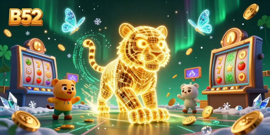 Experience the B52 thrill with a neon-wireframe tiger in a vibrant digital casino, surrounded by slots and game symbols.