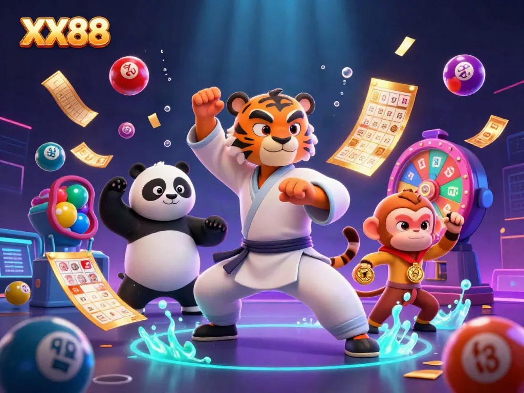 Experience the vibrant excitement of XX88 gaming with playful characters and colorful lottery elements.