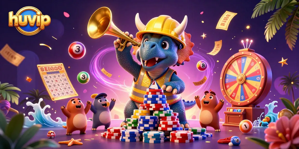 Engage with huvip's gaming excitement as a triceratops builds a poker chip pyramid amid a vibrant casino celebration.