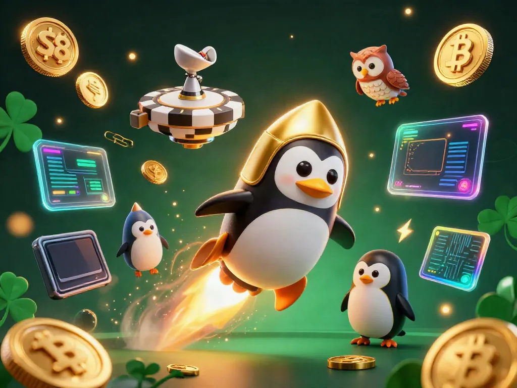 Experience the thrill of S8 with a golden penguin soaring through a vibrant casino-themed space, collecting fortunes.