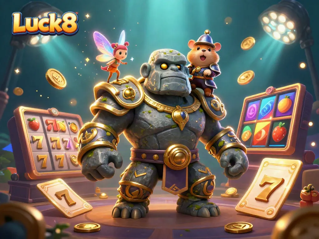 Engage with Luck8's vibrant slot gaming world, featuring dynamic characters and iconic slot elements.