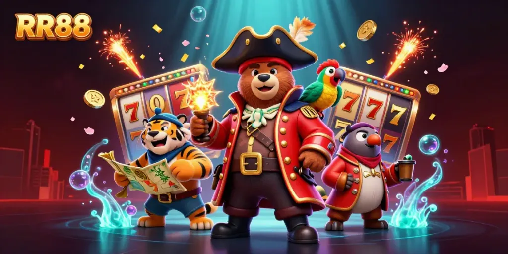 Engage with RR88's thrilling slots in a vibrant 3D casino atmosphere showcasing energetic characters.