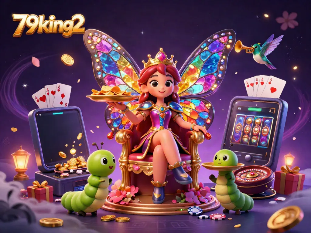 Engage with vibrant gameplay at 79king2, showcasing an enchanting butterfly queen amidst casino elements.