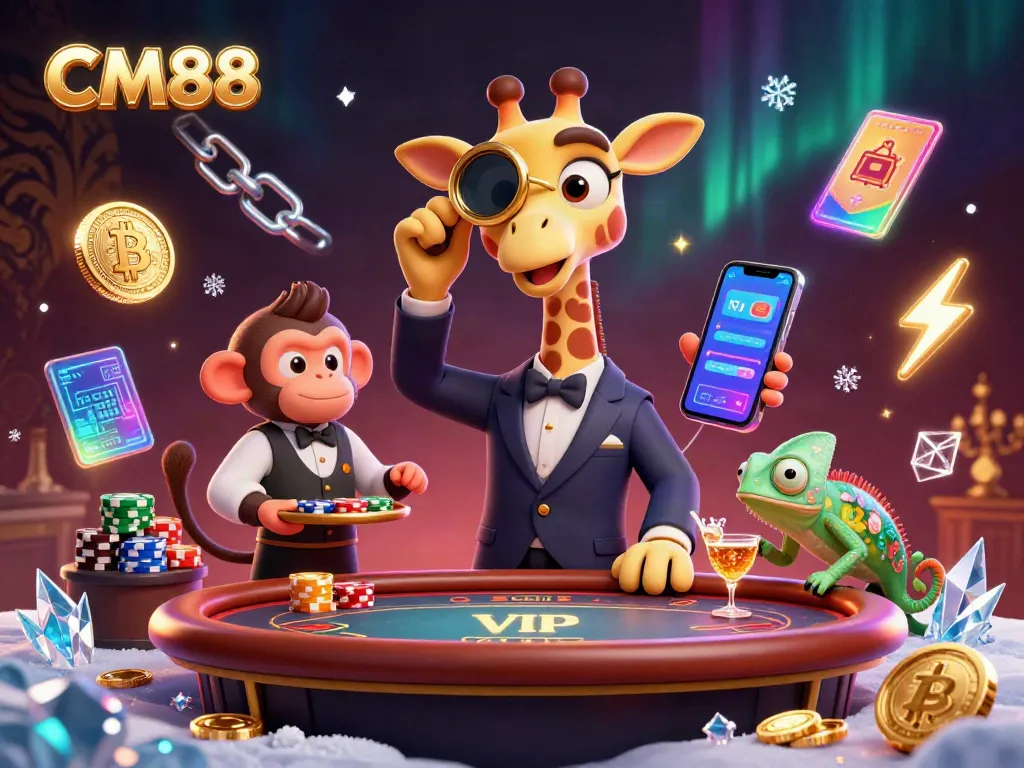 Experience the thrill of CM88 gaming with a vibrant scene featuring a giraffe, monkey, and chameleon amidst casino elements.