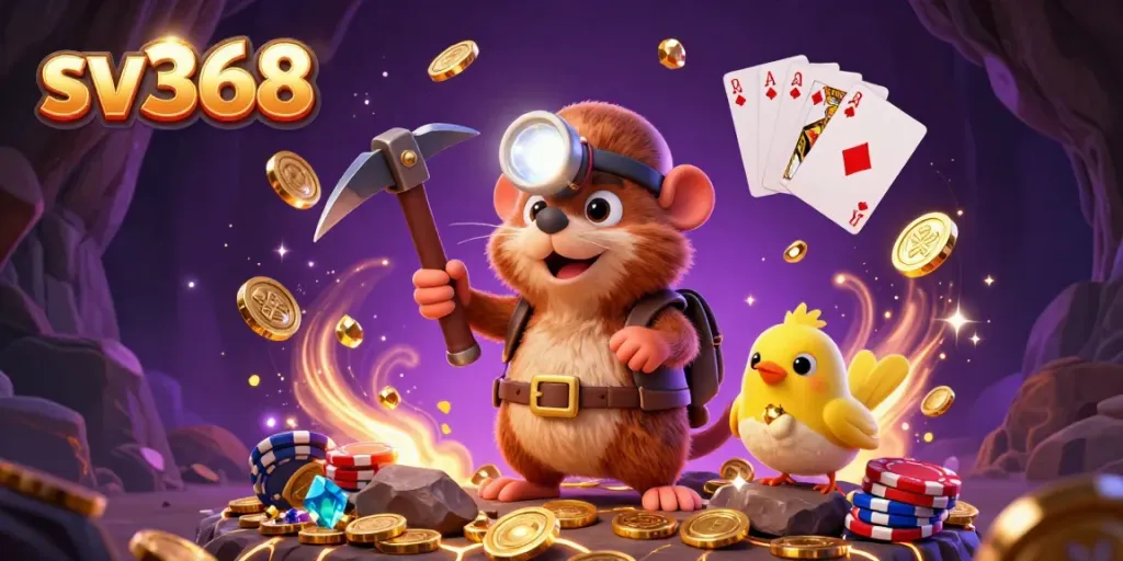 Experience the thrill of sv368 with this vibrant treasure hunt scene featuring a mole and canary amidst cascading coins and gems.