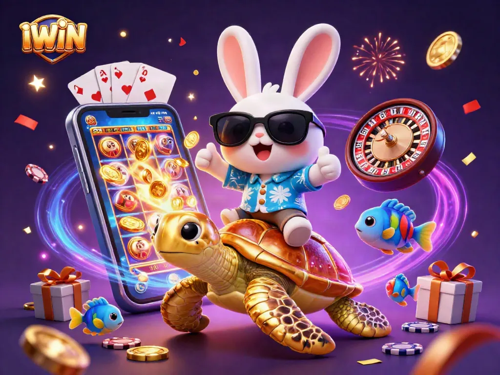 IWIN lucky rabbit and golden turtle enjoy casino games in a vibrant 3D scene filled with action.