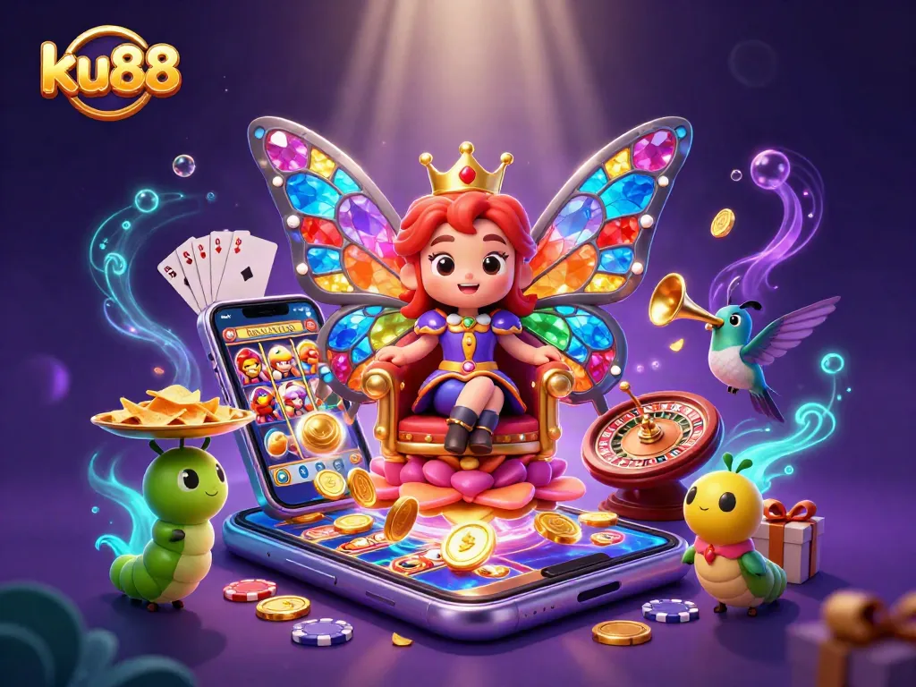 Bet on ku88 with a dazzling butterfly queen and vibrant 3D casino elements bursting with excitement.