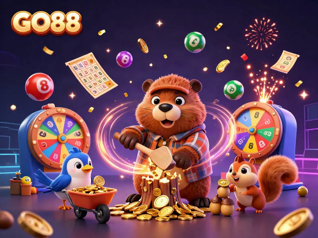 GO88 showcases an energetic scene with characters collecting coins amidst colorful lottery elements.