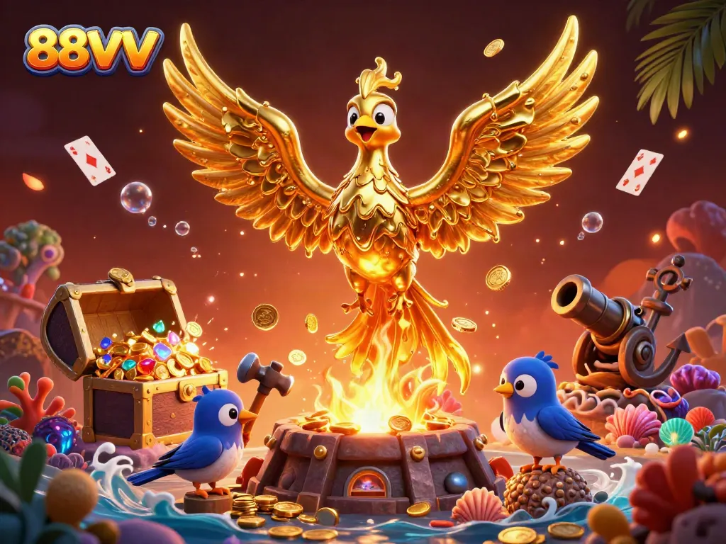 Experience the thrill of 88VV with a vivid illustration of a golden phoenix and exciting casino elements.