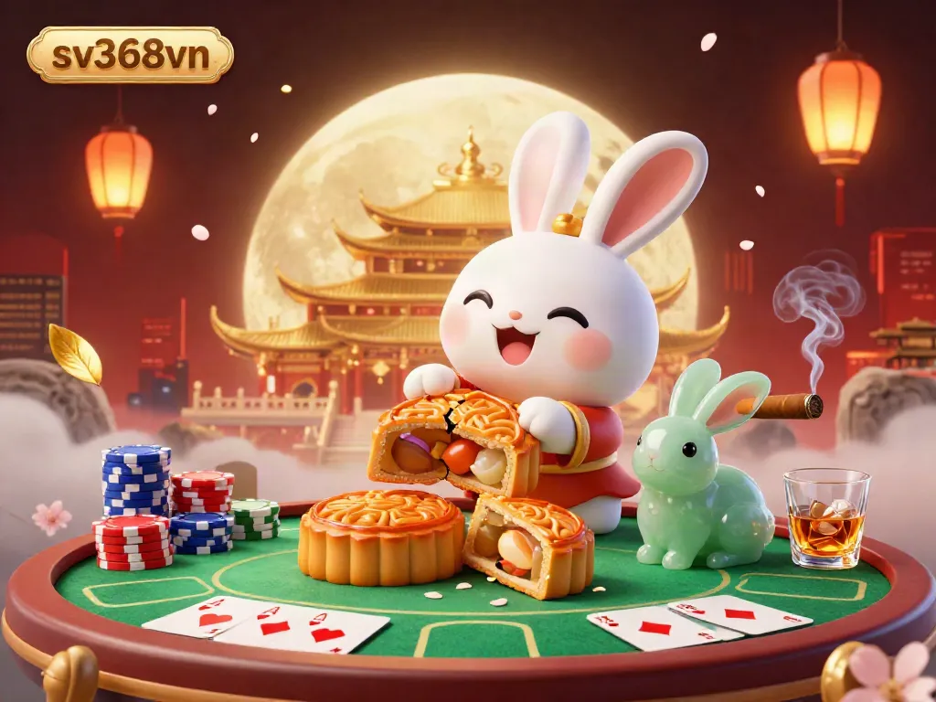 Engage in fun gaming at sv368vn with a lunar-themed illustration featuring poker chips and rabbits.