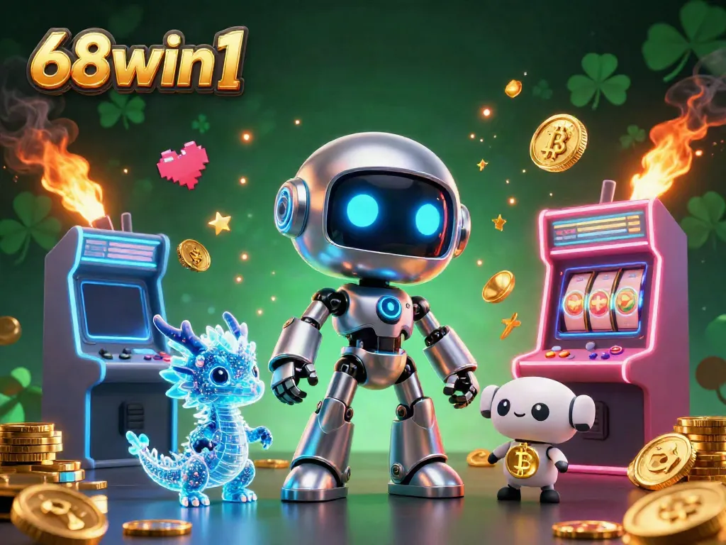 Experience thrilling gameplay with 68win1's vibrant casino atmosphere featuring a robotic mascot and bitcoin.