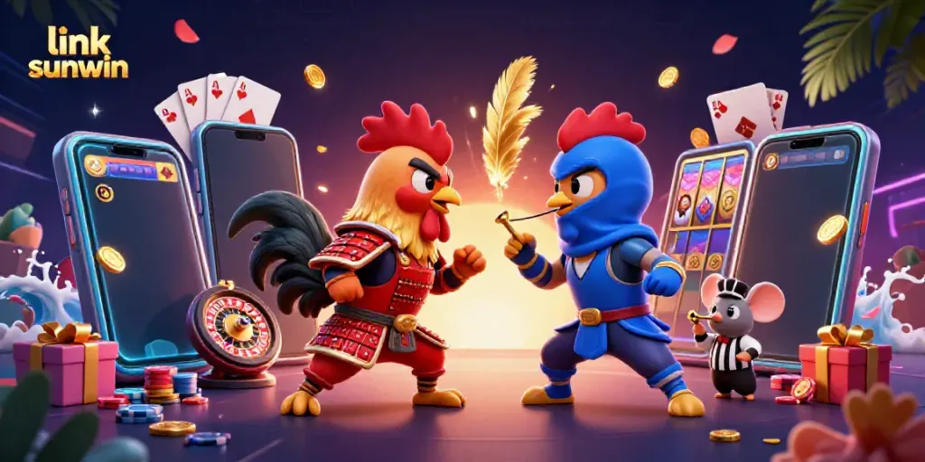 Engage in thrilling gameplay at link sunwin, featuring cartoon roosters in battle, surrounded by casino elements.