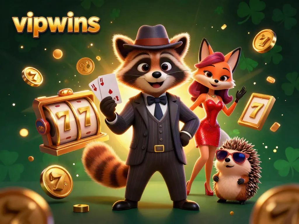 Experience thrilling gameplay at vipwins with a raccoon in a pinstripe suit holding a royal flush.