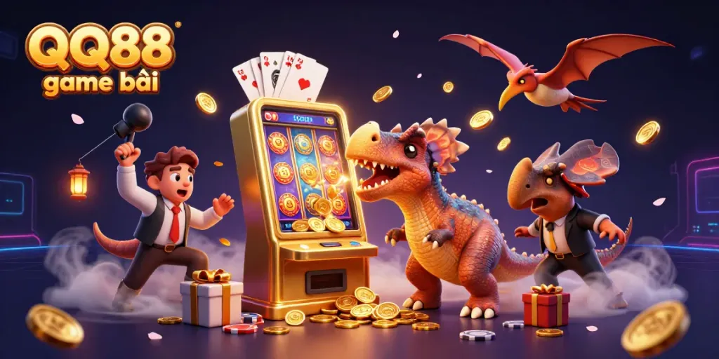 Engage in QQ88 game bài with a playful scene of a dinosaur and casino elements, capturing exciting casino action.
