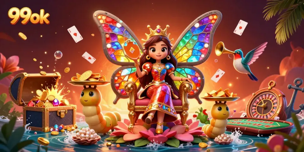 Experience the vibrant 99ok casino scene with a butterfly queen, vibrant treasures, and dynamic gambling elements.
