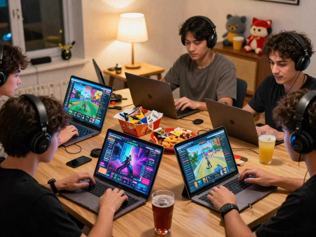 Engaging scene of players enjoying porno games on various devices, showcasing interactive gameplay and a lively atmosphere.