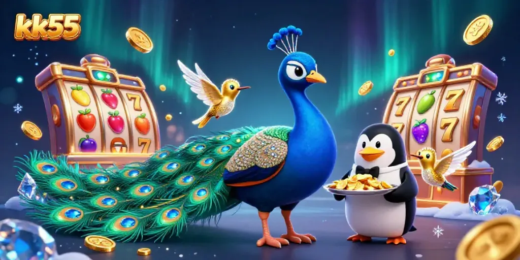 Engage with kk55's vibrant casino gaming scene featuring a cartoon peacock and rich elements.