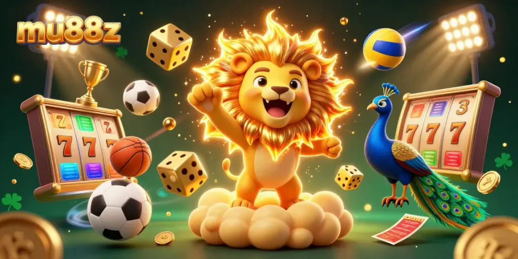 Experience thrilling jackpot excitement with mu88z's vibrant 3D casino scene featuring a lion and dynamic game elements.