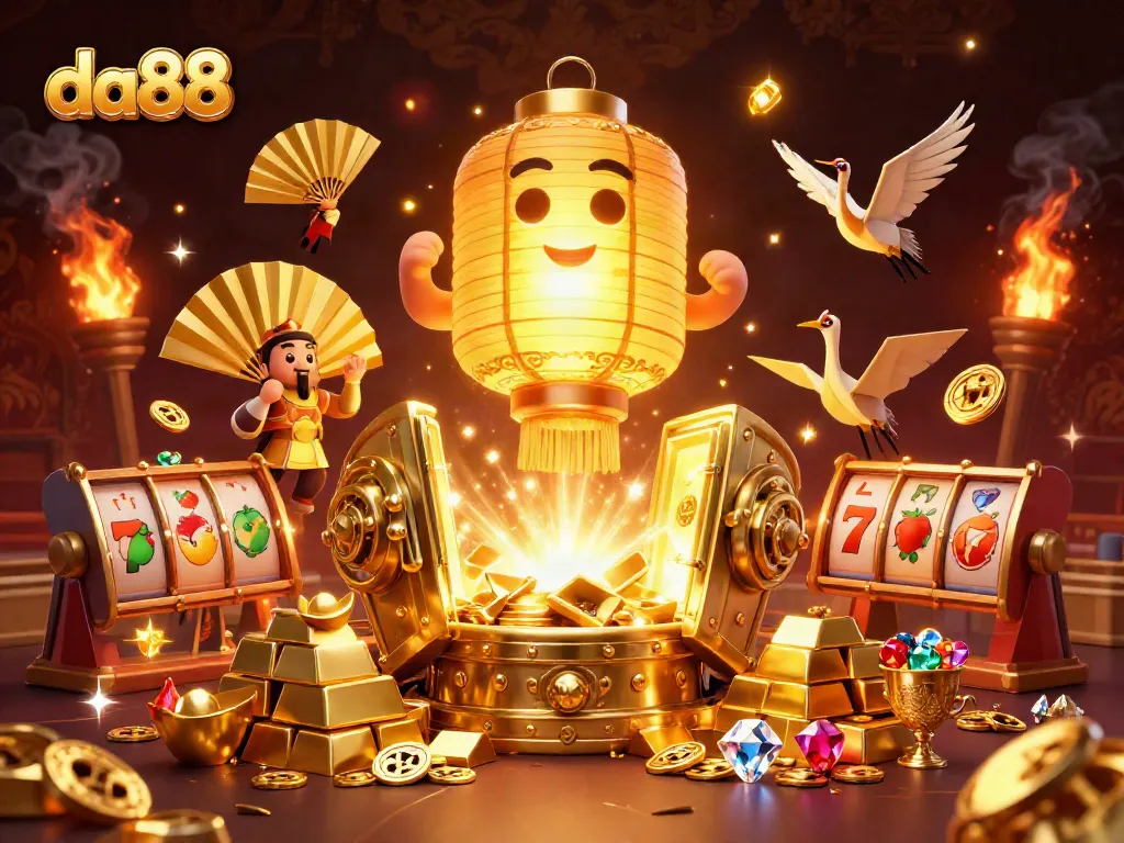Win big at da88 casino with a dynamic scene featuring golden elements, lantern spirit, and playful fan warriors.