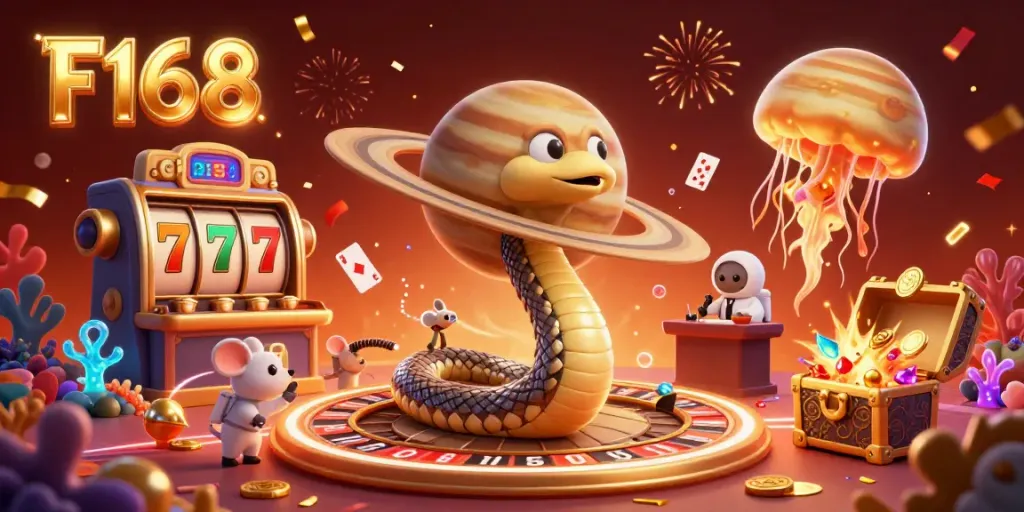 Engaging scene of F168 featuring a Saturn snake and astronaut mice in a vibrant casino setting, showcasing dynamic elements.