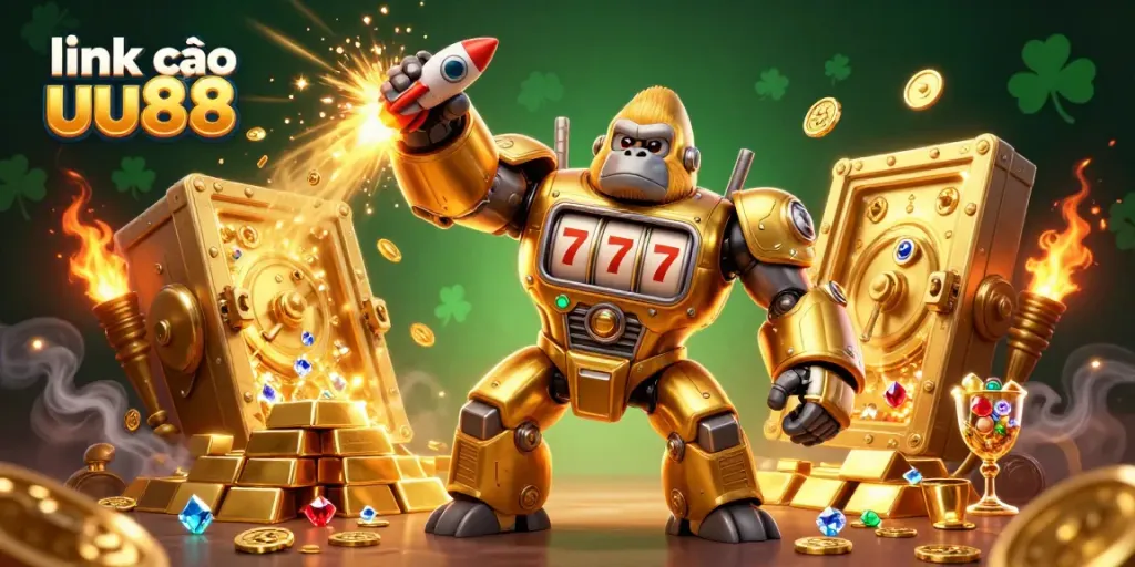 Engage with link vào uu88 in a dynamic 3D gambling scene featuring a golden gorilla mech surrounded by treasure.