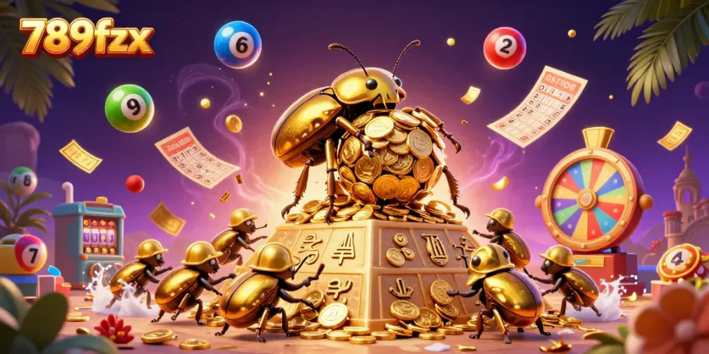 Engage with 789fzx's vibrant gaming scene featuring golden beetles, casino symbols, and a prize wheel.