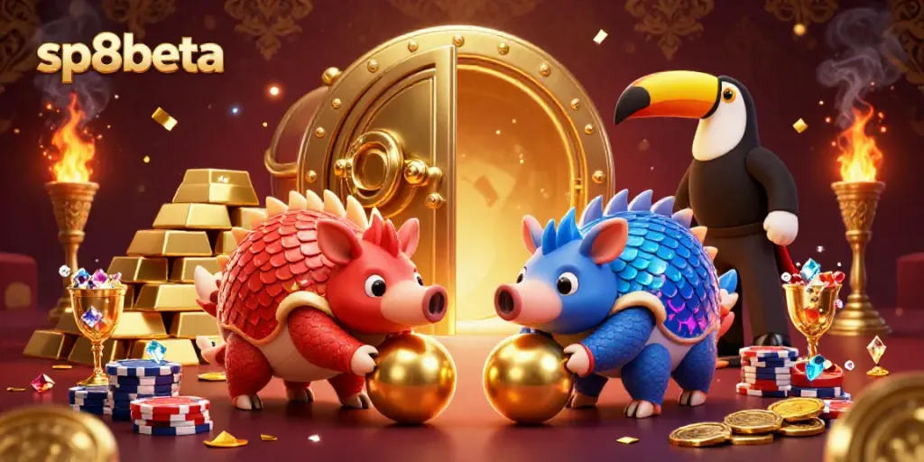 Experience thrilling gaming with sp8beta, showcasing vibrant pangolins amidst vibrant casino treasures.
