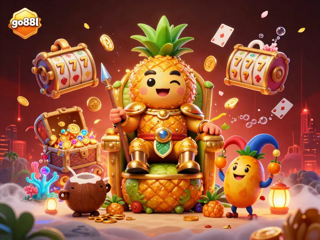 Spin rewarding slots at go88l in this vibrant 3D casino illustration filled with golden treasures.