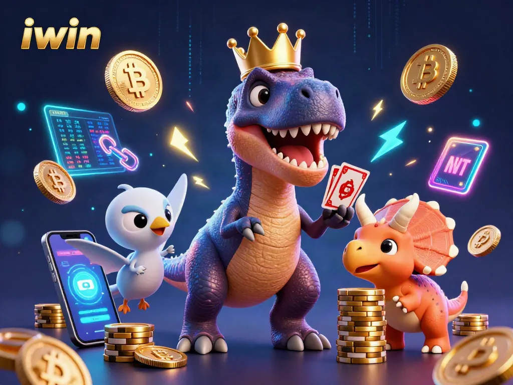 Experience thrilling play with iwin as a T-Rex shuffles cards surrounded by dazzling crypto elements.