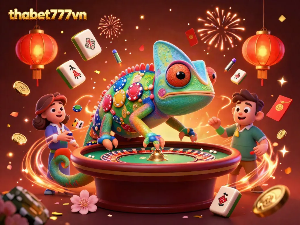 Experience thrilling casino fun with thabet777vn's vibrant chameleon owner surrounded by festive gaming elements.