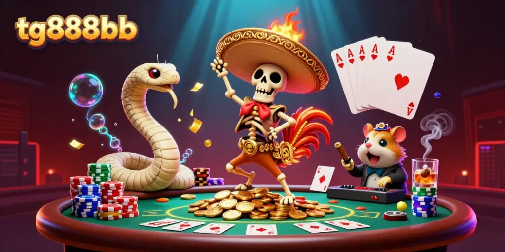 Experience excitement with tg888bb as a 3D cartoon mariachi rooster celebrates victory among casino treasures.